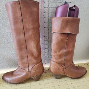 Frye Tall Leather Heeled Boots in Cognac Brown
